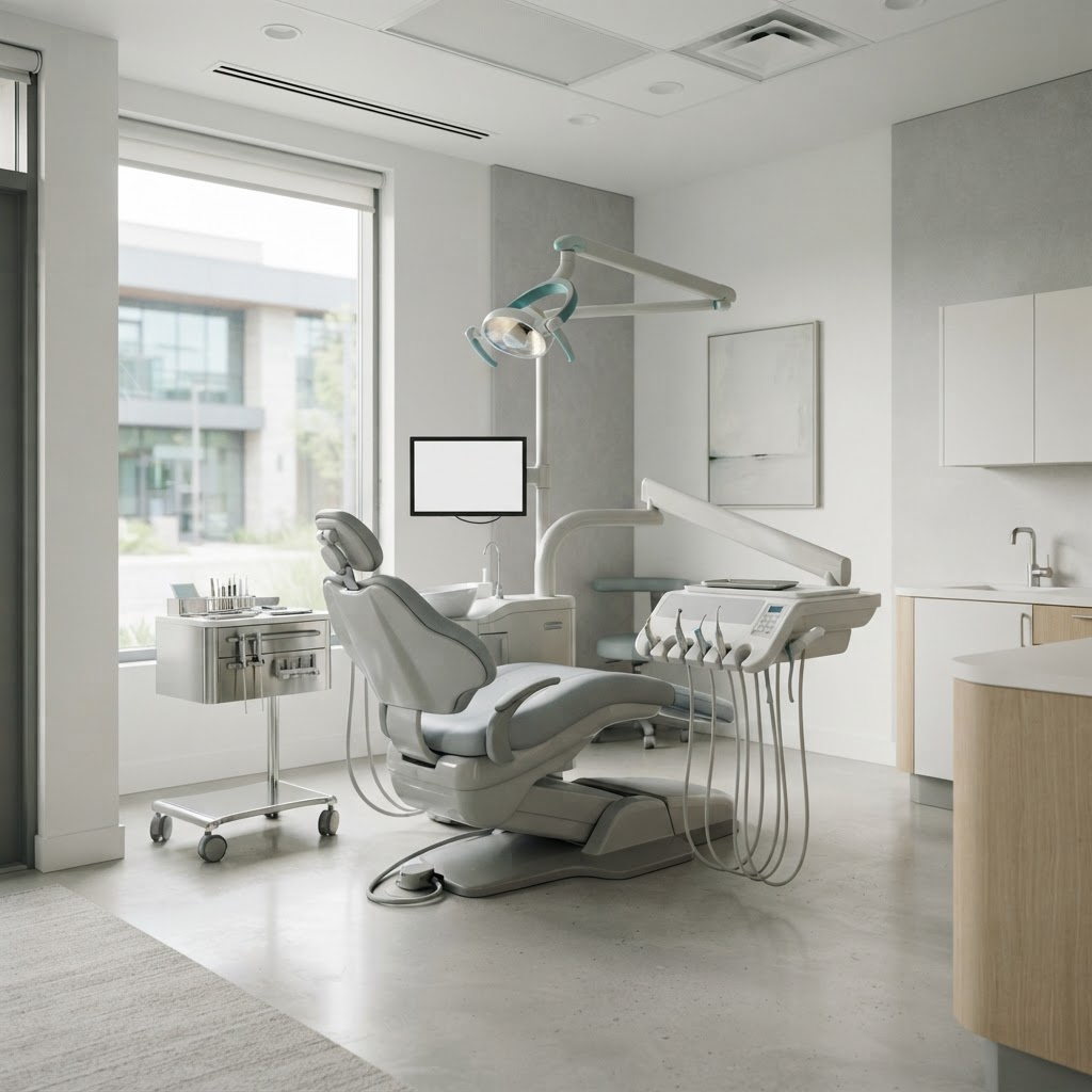 A modern, minimalist dental treatment room in Metro Vancouver